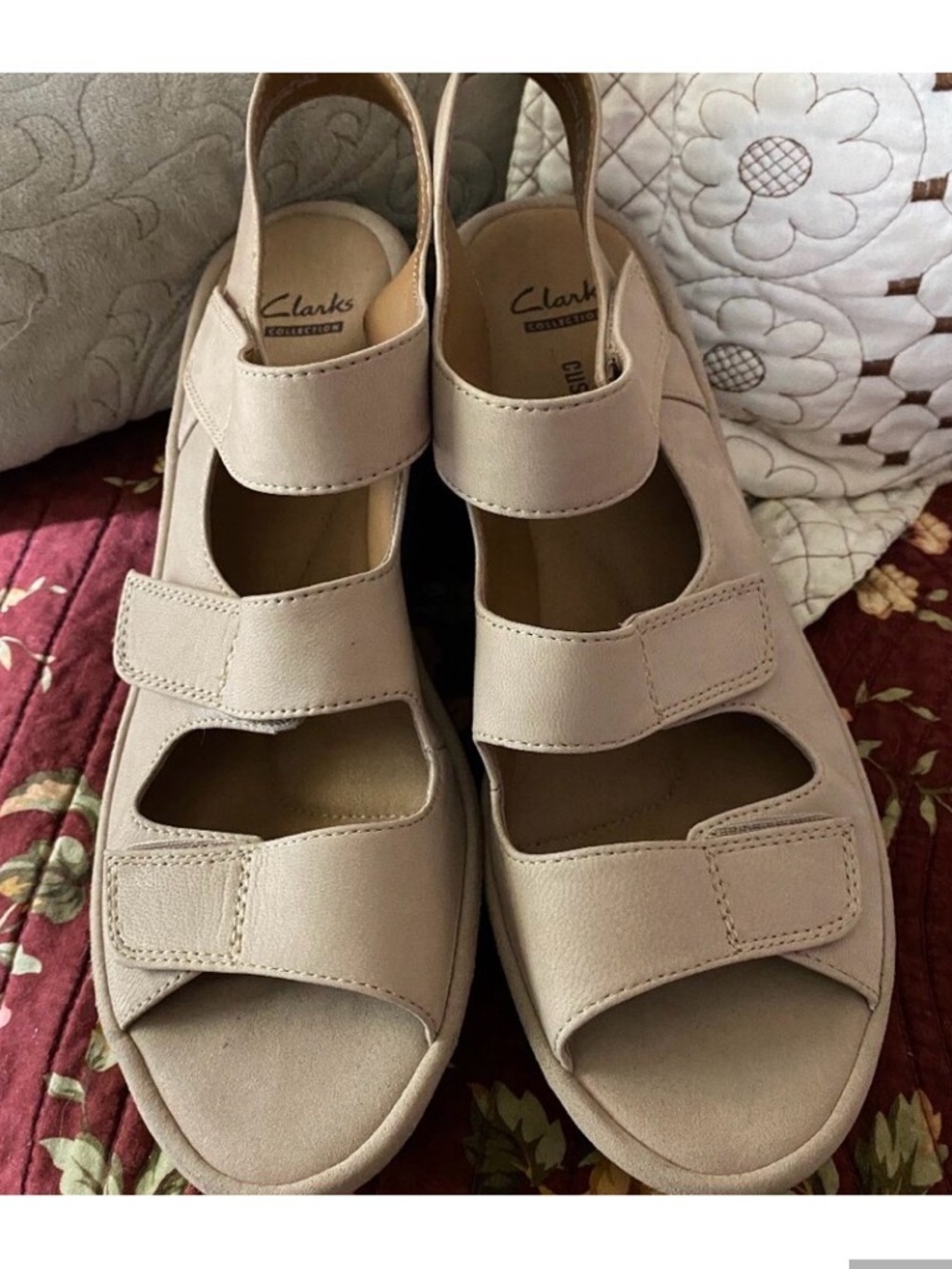 Clarks Women's Light Beige Three-Strap Velcro Sandals